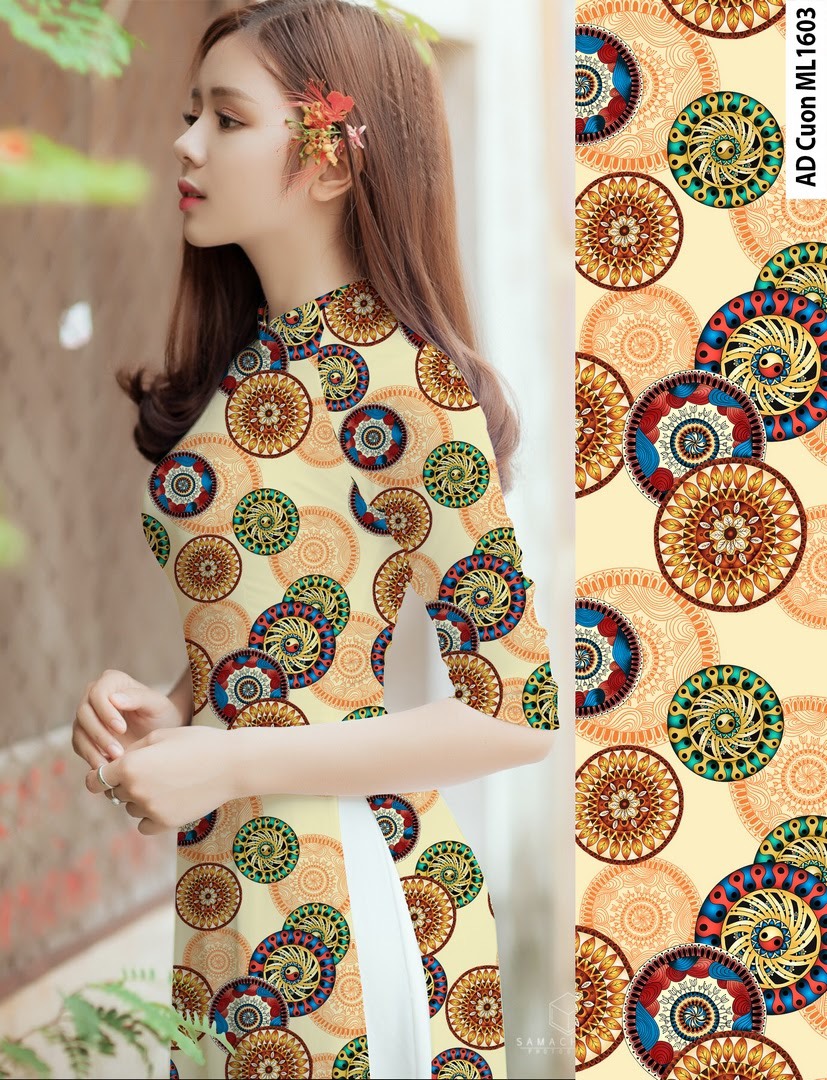 Bộ áo dài truyền thống họa tiết đồng tiền (Cả bộ - áo Cổ tròn tay lỡ)