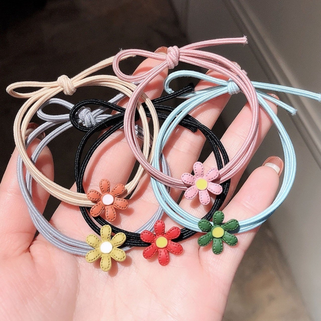 BỘ 05 CỘT HOA 6 CÁNH PASTEL - CỘT TÓC LEN MÀU DẠ QUANG