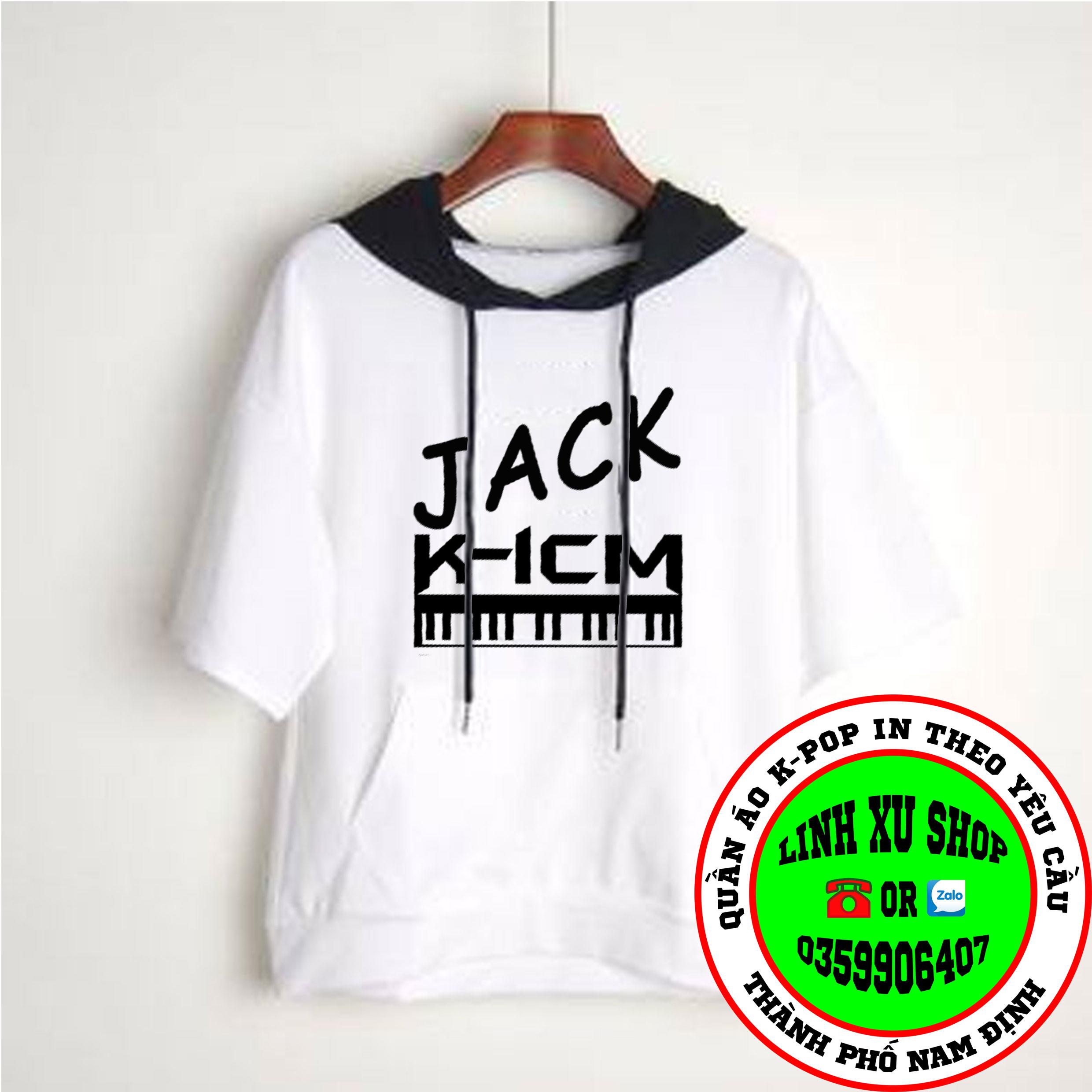 áo hoodie hè trắng phối mũ tay lỡ jack k-icm in theo yêu cầu logo biểu tượng các nhóm nhạc k-pop v-pop c-pop