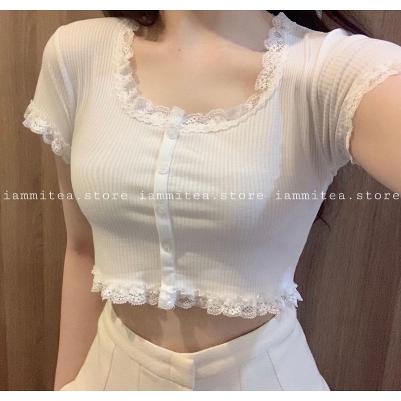 Áo croptop tay ngắn viền ren yumi bán sỉ