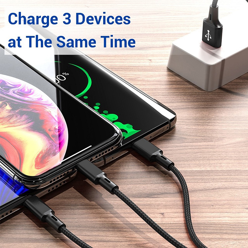 Dây Sạc 3 Đầu Type C, Lightning, Micro USB Siêu Bền Tích Hợp Công Nghệ
