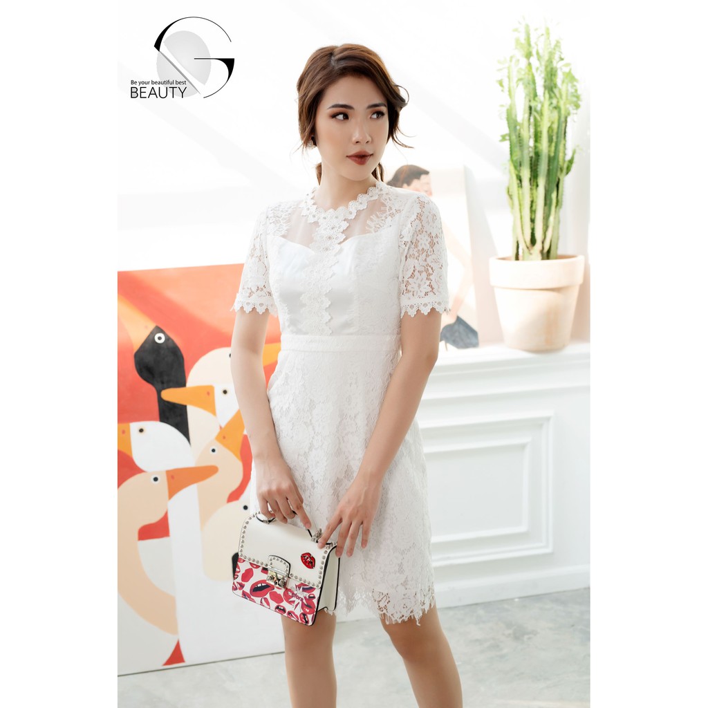 G Beauty Đầm Ren Trắng Cổ Đá