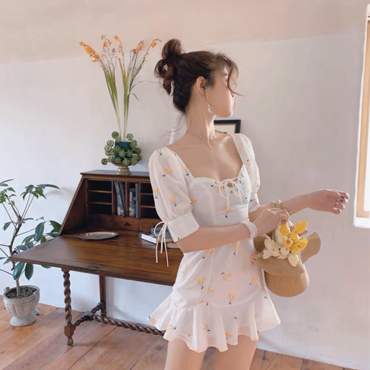 [HCM]Sleeveless dress Cherry Fishtail Knit Bust, Sleeveless, Thick Bow - DX532