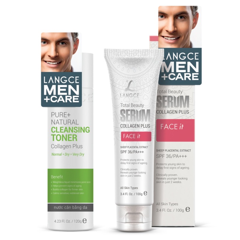 Bộ Serum Collagen+ Face It Dưỡng Trắng 100ml và Toner - Nước Cân Bằng Da 120ml Da Khô LANGCE cho Nam