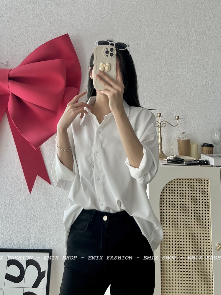 Áo sơ mi dài tay basic EMIX, chất voan lụa trơn, form rộng freesize dưới 55kg, không nhăn, 00105