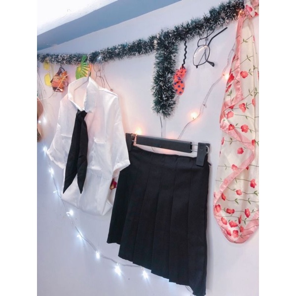 [HCM]Áo Sơ Mi Ulzzang Kèm Cà Vạt Phối Sét Hàn Quốc