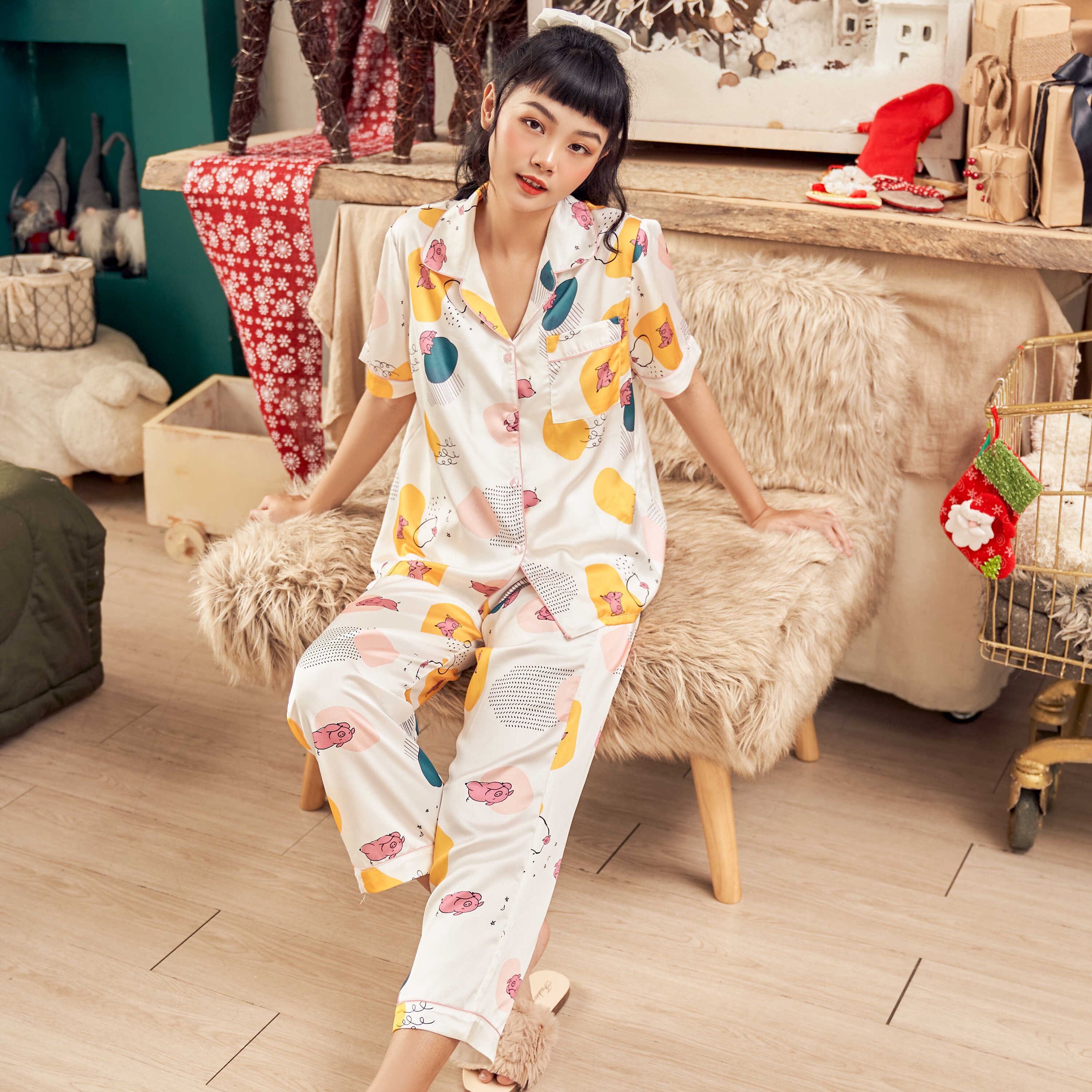 VIBES Bộ pijama dài mặc nhà Lụa satin Piglet Long Py Set