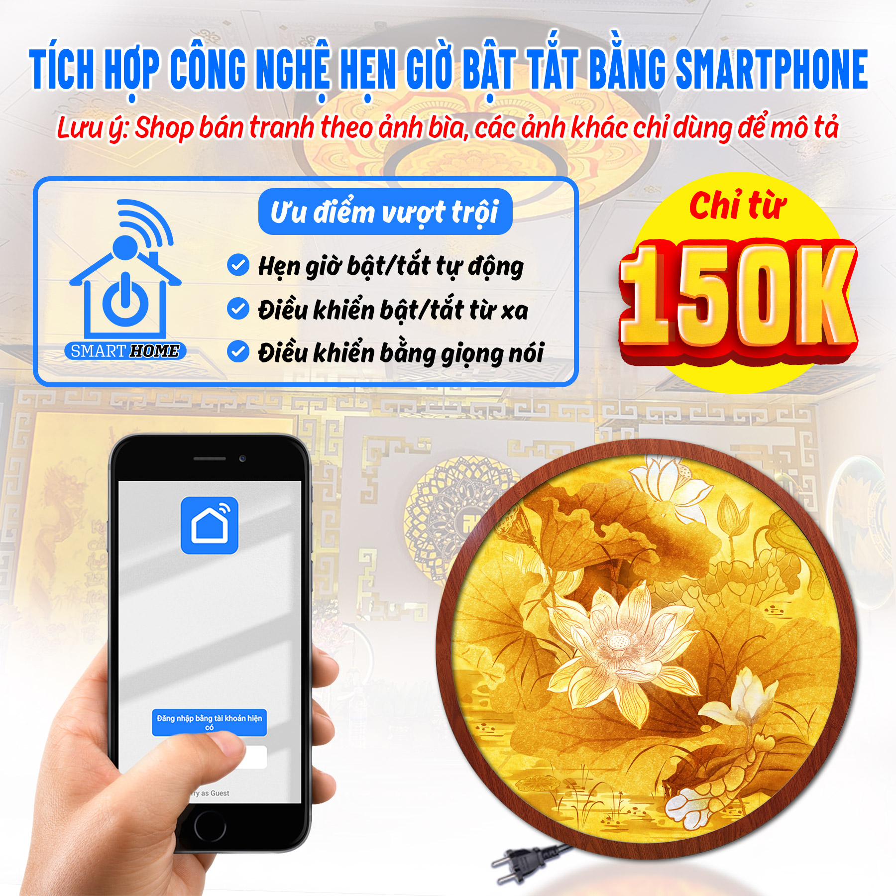 Đèn thờ hào quang phật tranh trúc chỉ tròn chân thiện mỹ, trang trí bàn thờ, hào quang trúc chỉ hoa sen tc-hq-76