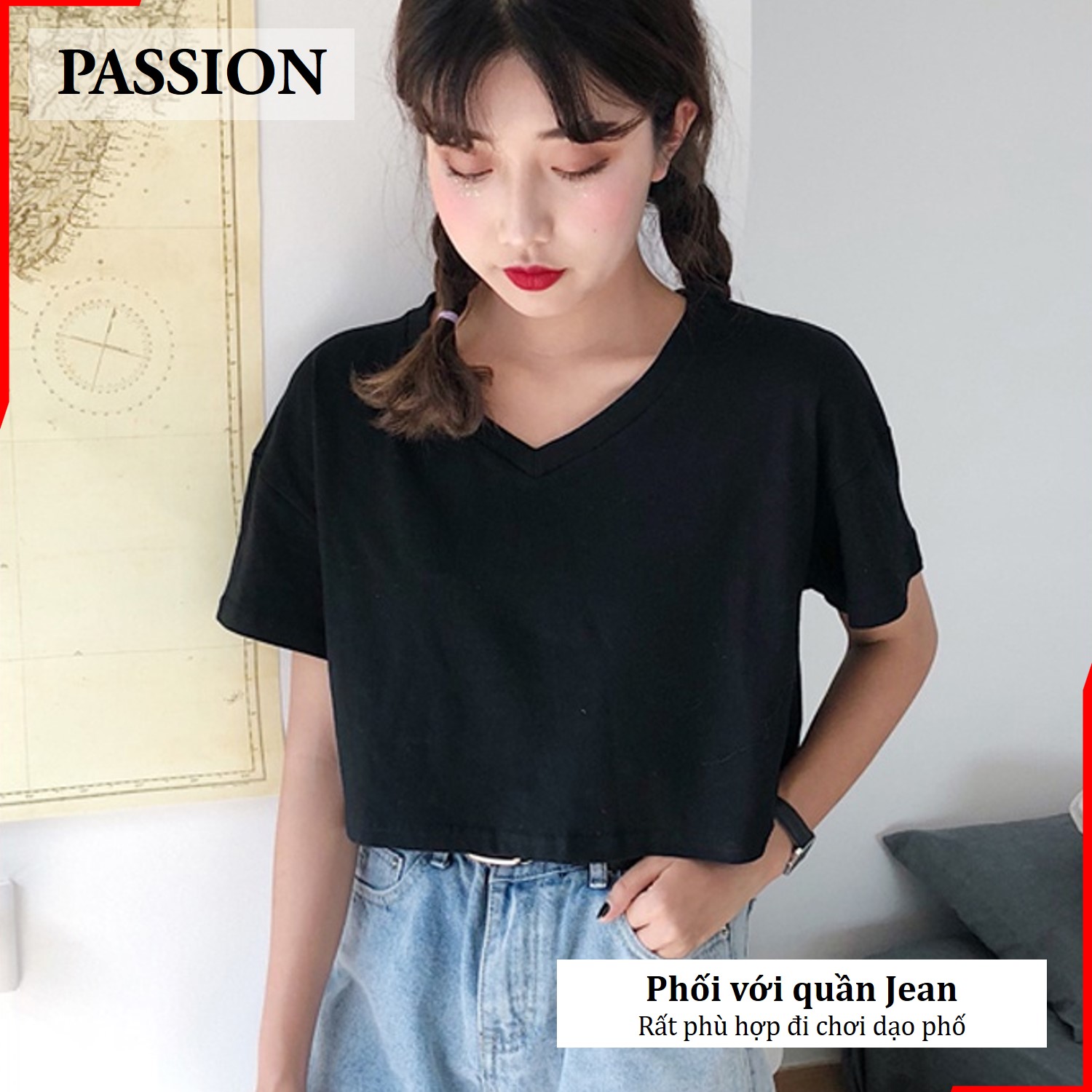 Áo thun croptop form rộng cổ tim PASSION kiểu dáng Ulzzang form rộng, croptop form rộng cổ chữ V