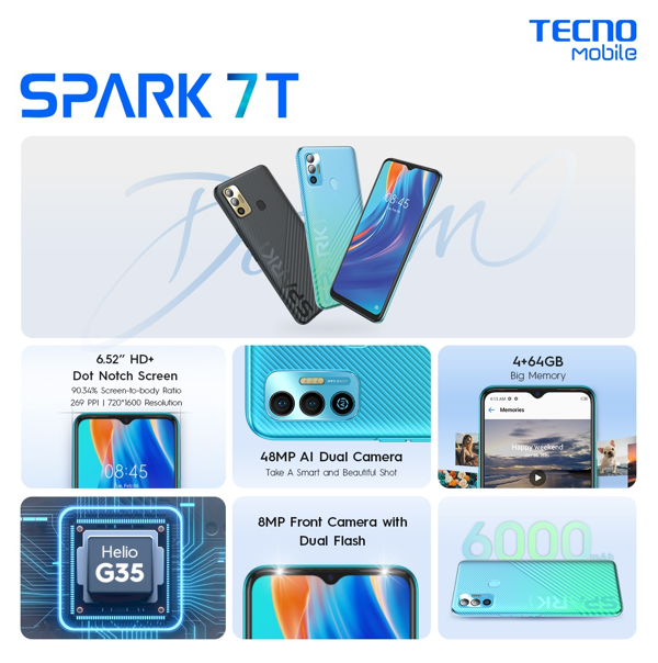 Điện Thoại TECNO Spark 7T (KF6P) 4GB/64GB - Camera 48MP | 6000 mAh | Mediatek Helio G35 | Hàng Chính Hãng - BH 13 Tháng