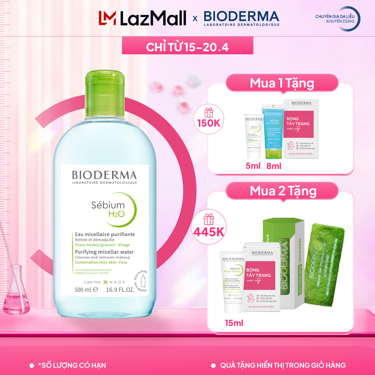 Dung dịch làm sạch và tẩy trang micellar cho da hỗn hợp, da dầu và da mụn Bioderma Sebium H2O - 500ml