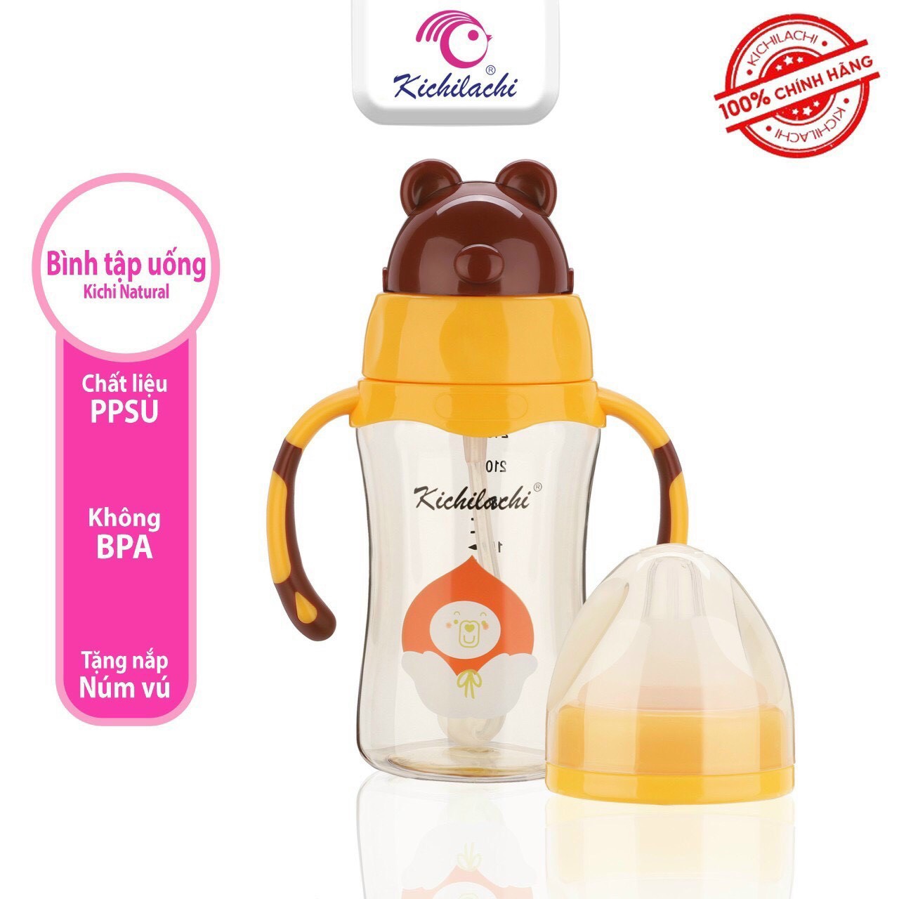 Bình tập uống nước cho bé Trittan ống hút Kichi 240ml 2 in1 tặng bộ cổ núm vú cổ rộng