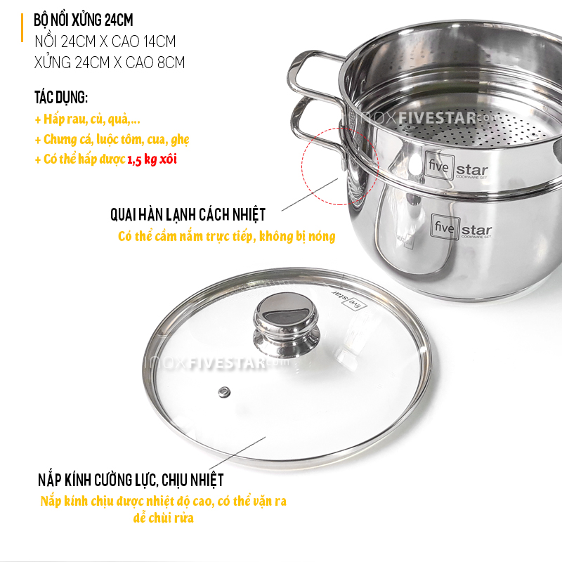 Bộ Nồi Inox 5 Chiếc Fivestar Nắp Kính