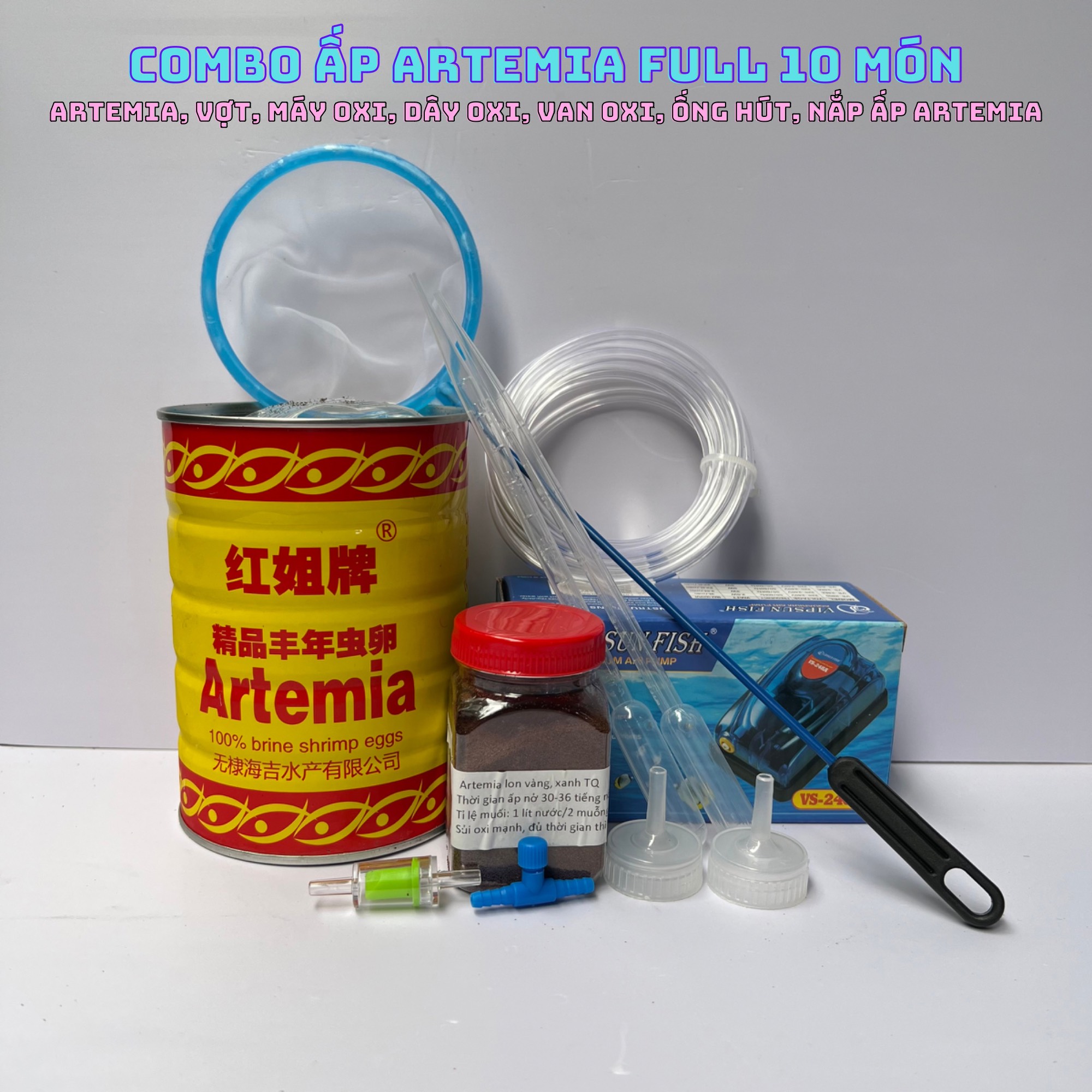 Combo ấp artemia tại nhà full phụ kiện 10 món dùng cho cá bảy màu, cá cảnh nhỏ