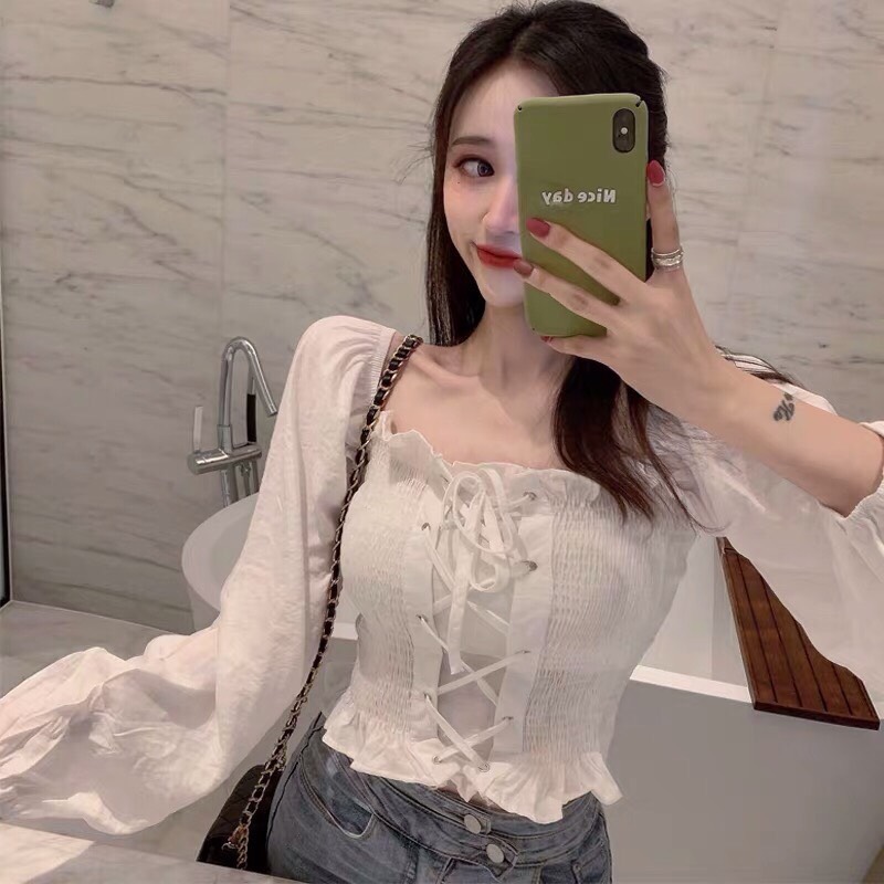 Áo voan nhún đan dây trước ngực mặc được hai kiểu dễ thương TTSA0053( tts0757)