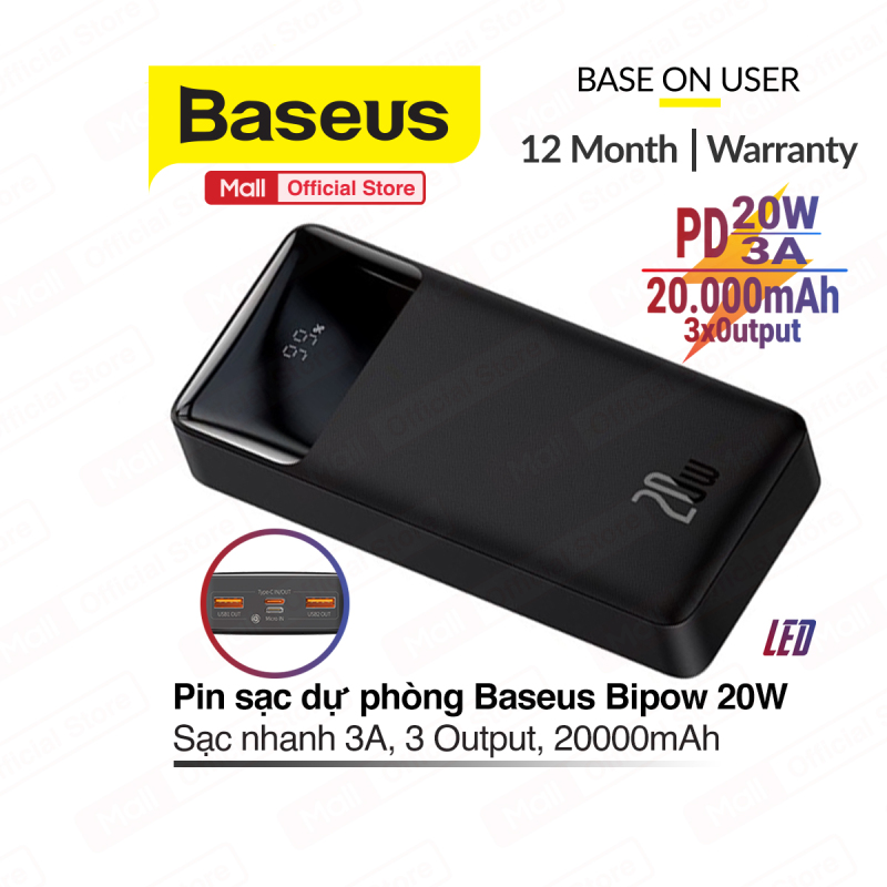 Pin Dự Phòng PD 20W Baseus Bipow Digital Display sạc nhanh 3A, dung lượng 20000mAh, có đèn LED hiện thị pin, 3 cổng Output