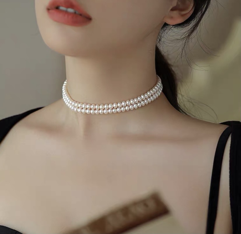 Chocker necklace real pearl freshwater 2 floor 3-4li designs youthful elegant (receiver according to the length on request)