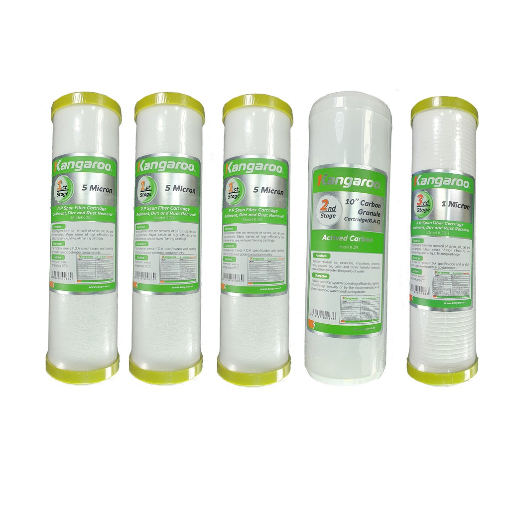 Bộ 05 lõi lọc nước Kangaroo: 3 lõi số 1, 1 lõi số 2, và 1 lõi số 3 ,cam kết chính hãng kangaroo.