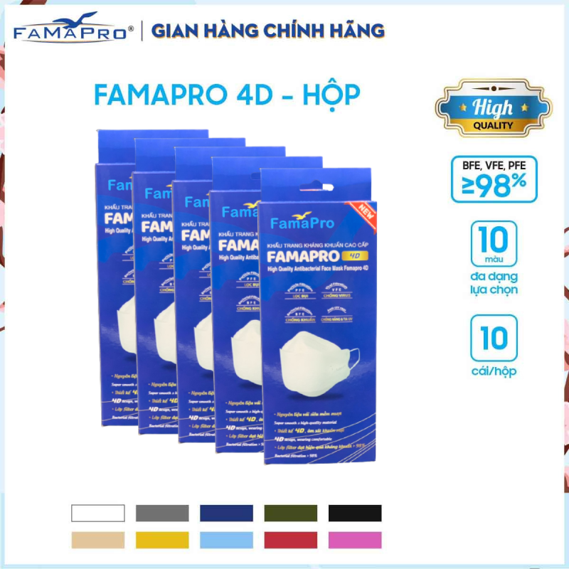Combo 5 hộp khẩu trang y tế cao cấp kháng khuẩn 3 lớp Famapro 4D DẠNG HỘP (10 cái / Hộp)