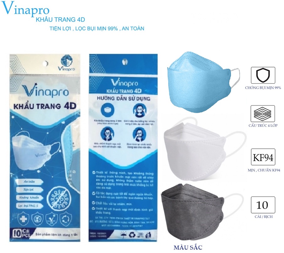 Hcm - khẩu trang kf94 4d vinapro 10/bịch trắng/xanh/xám