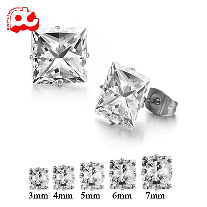[Hoàn tiền 6%]Bông tai nam inox 1 cặp đá vuông trắng bấm lỗ tai trangsucpt nhiều kích cỡ 3mm 4mm 5mm 6mm 7mm thời trang màu trắng thép không gỉ PTBTNA20