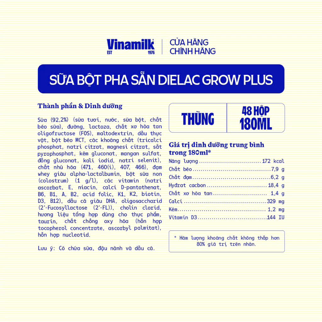 Thùng 48 Hộp Sữa Bột Pha Sẵn Dielac Grow Plus 180ml.
