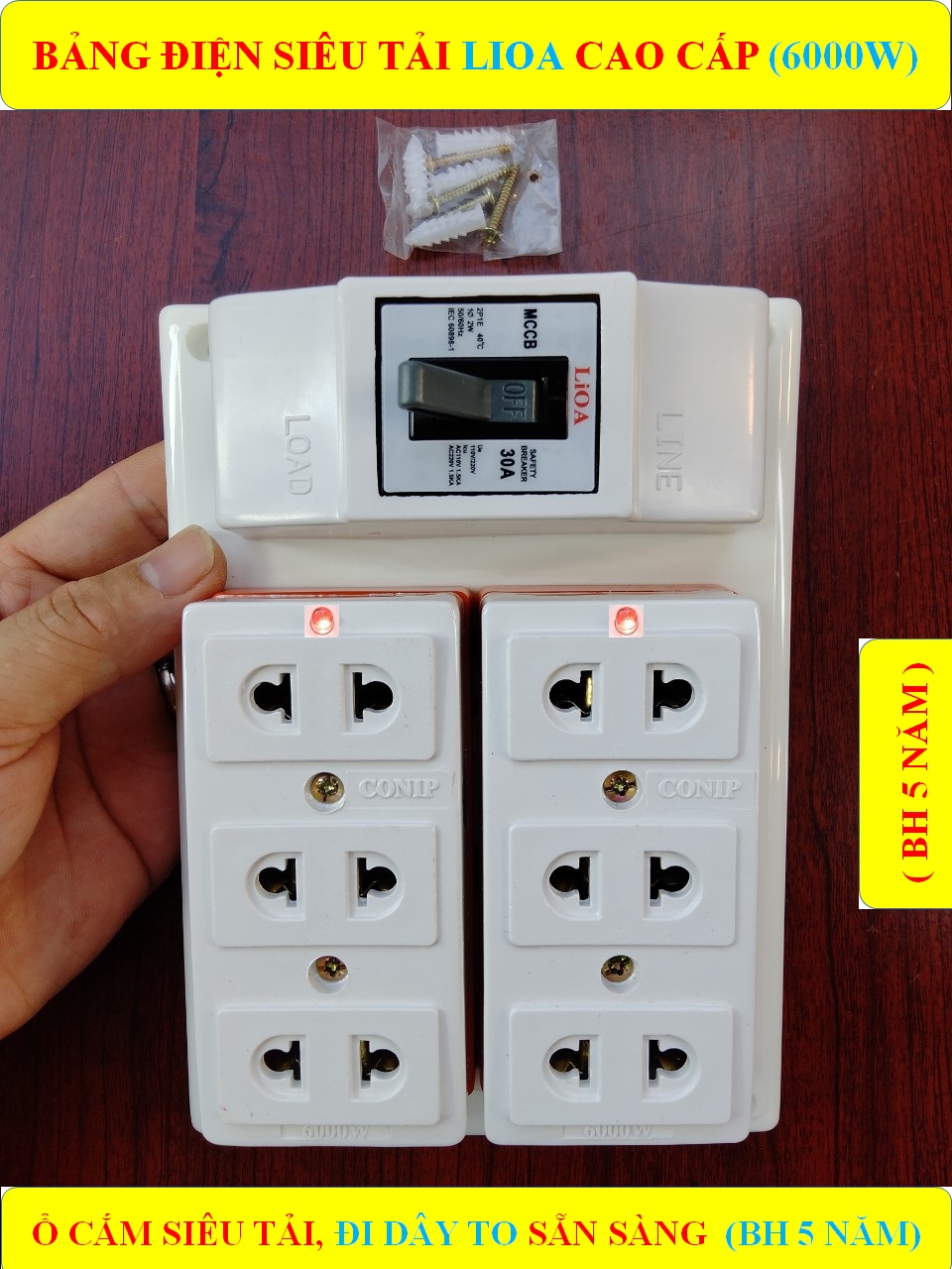 Bảng điện nổi CONIP 6000W CHỊU TẢI CAO (BH 5 NĂM) + 2 Ổ cắm SỨ SIÊU TẢI 6000W lò xo chống giãn + Đã đi dây TO sẵn sàng + Bộ ốc vít lắp đặt (bộ 1 sp )