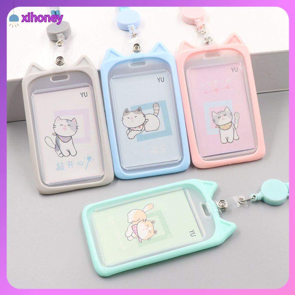 1PC Cute Cartoon Cat Card Holder Bank Identity Bus ID Card Sleeve Case with Retractable Reel Lanyard Credit Cover Case Kids Gift