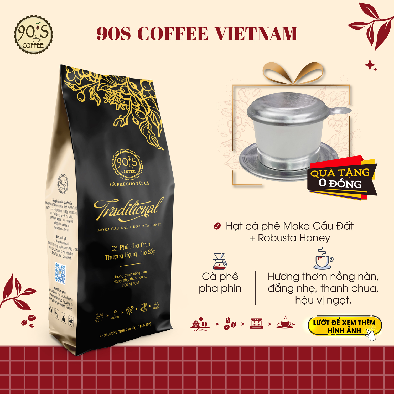 Túi 250gr cà phê traditional chuyên pha phin cao cấp rang mộc nguyên chất |100% cà phê sạch| robusta honey + moka cầu đất | 90s coffee vietnam