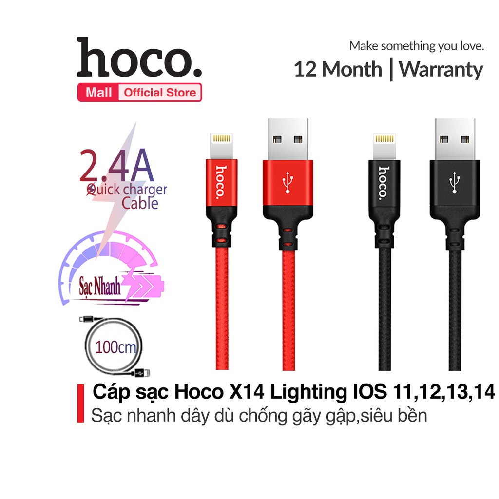 Cáp sạc nhanh Hoco X14 chân Lightning vải dù siêu bền dài 1M cho iPhone ( Đỏ )