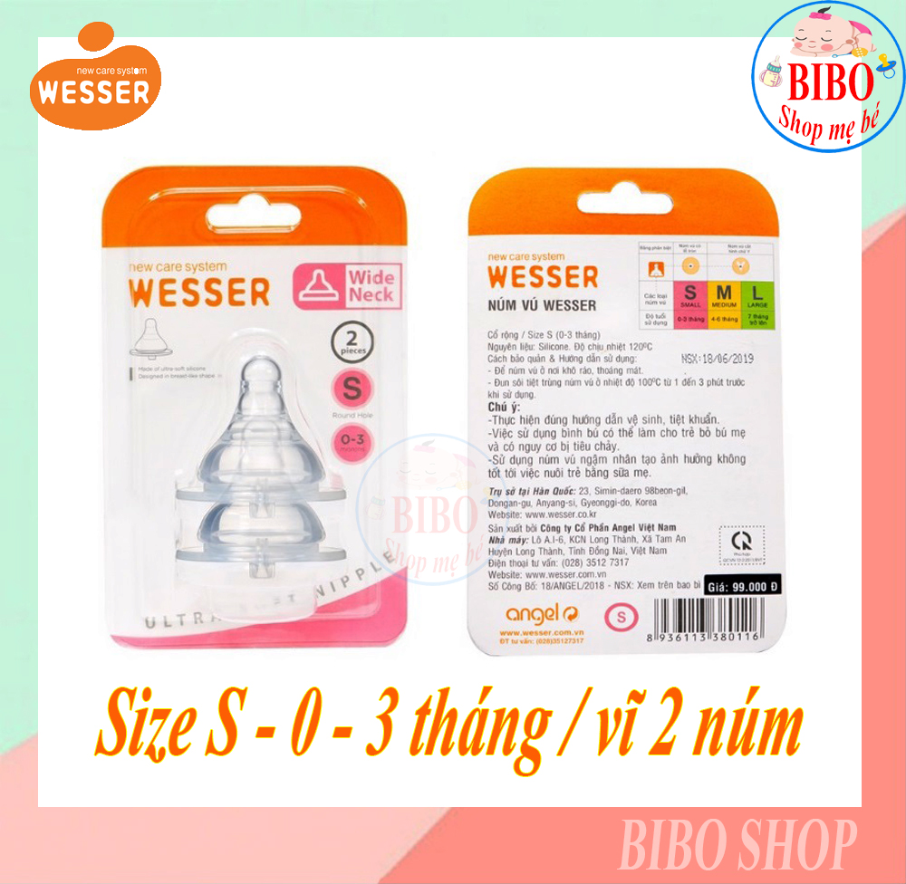 Núm Ty Wesser Cổ Rộng Siêu Mềm Có Van Thông Hơi Đủ Size S,M,L