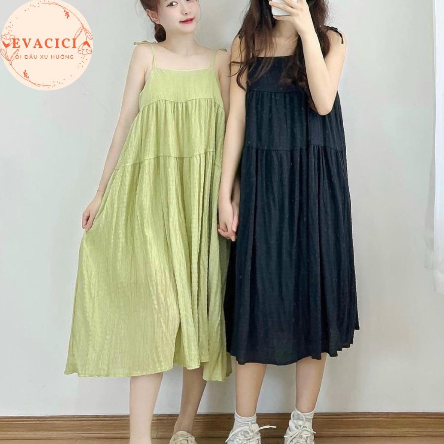 Váy 2 dây đi biển, chất cotton kẻ xốp 5 màu hót hít