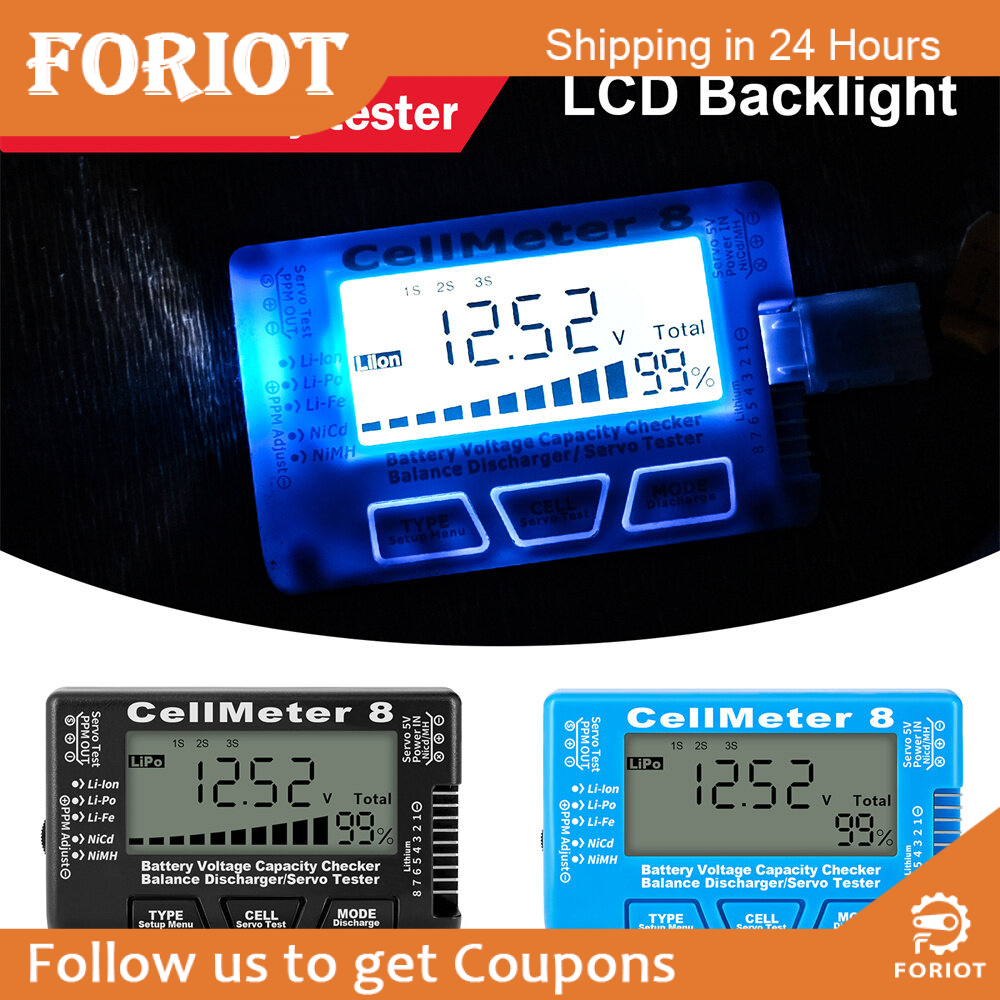 Foriot LCD Digital Battery Capacity Checker CellMeter RC CellMeter7/CellMeter8 2-8S 4-8S Servo LiPo Li-lon NiMH Battery Tester