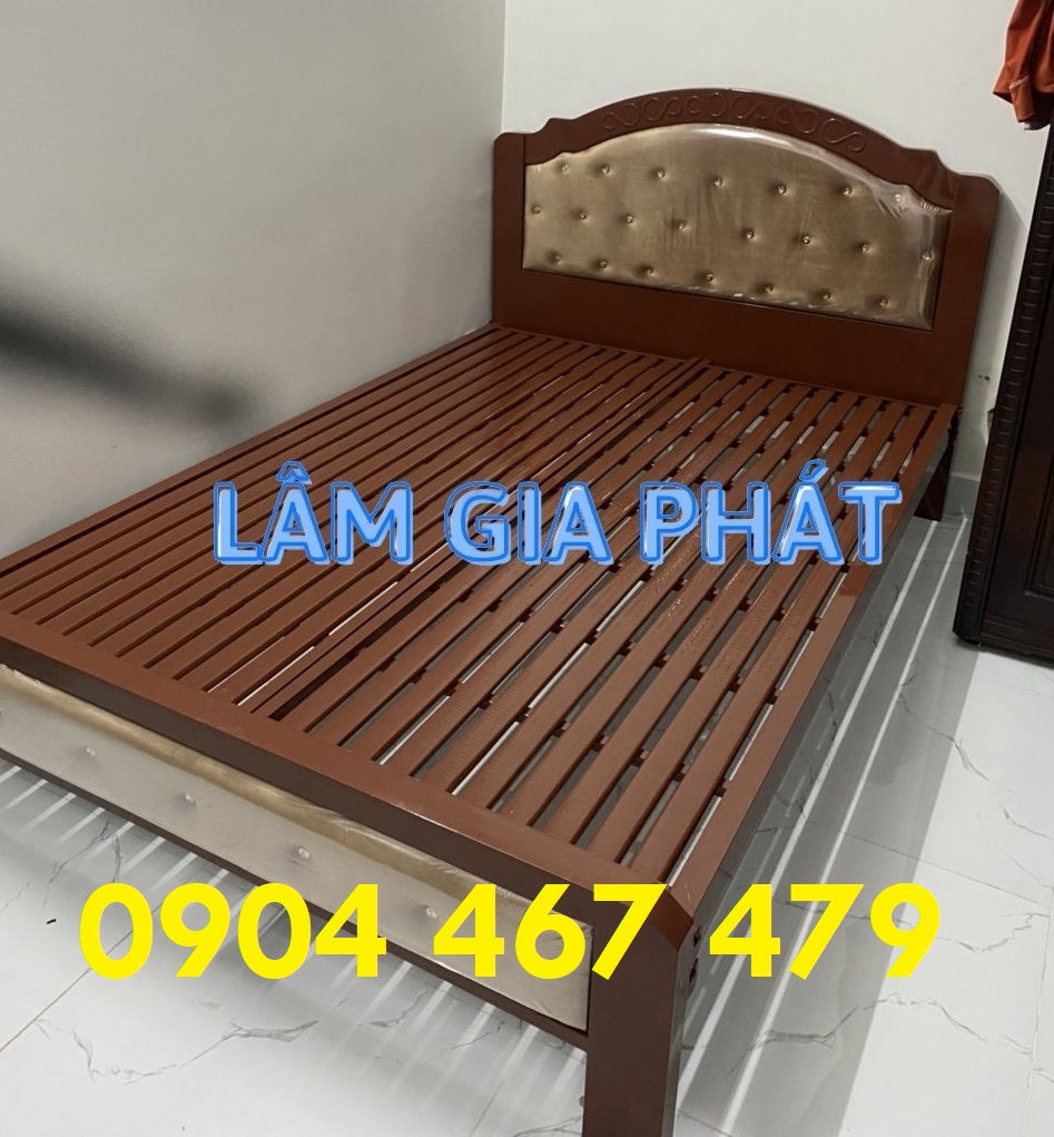 Giường sắt hộp - giường đệm nhung màu nâu - giường sắt chịu lực tốt