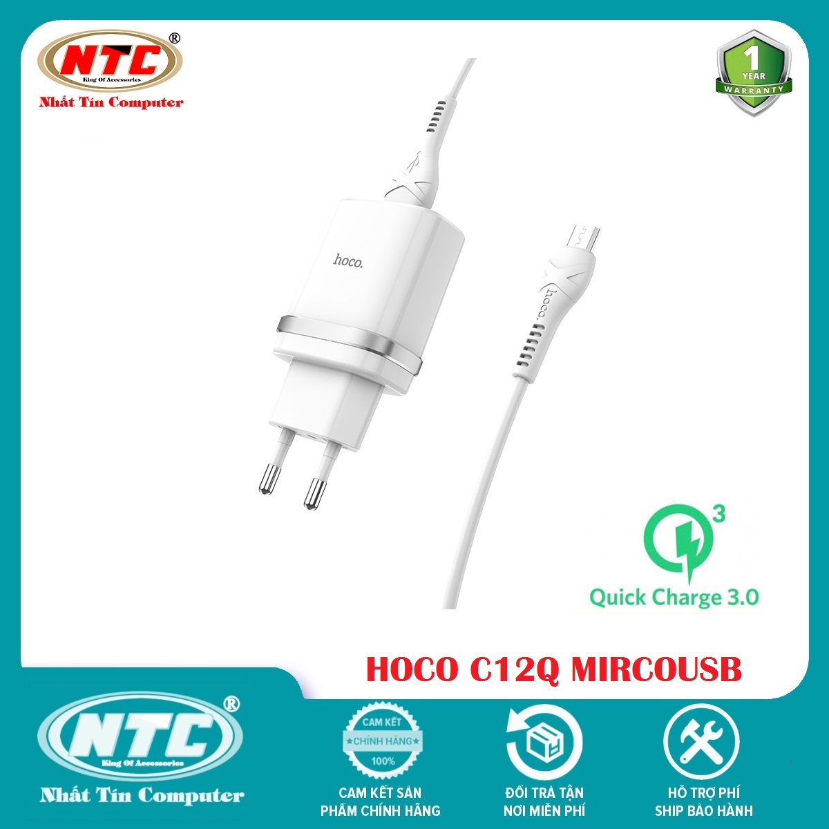 Bộ cốc sạc nhanh và cáp sạc cổng microUSB Hoco C12Q hỗ trợ QC3.0 3A 18W - Hãng phân phối chính thức - Nhất Tín Computer