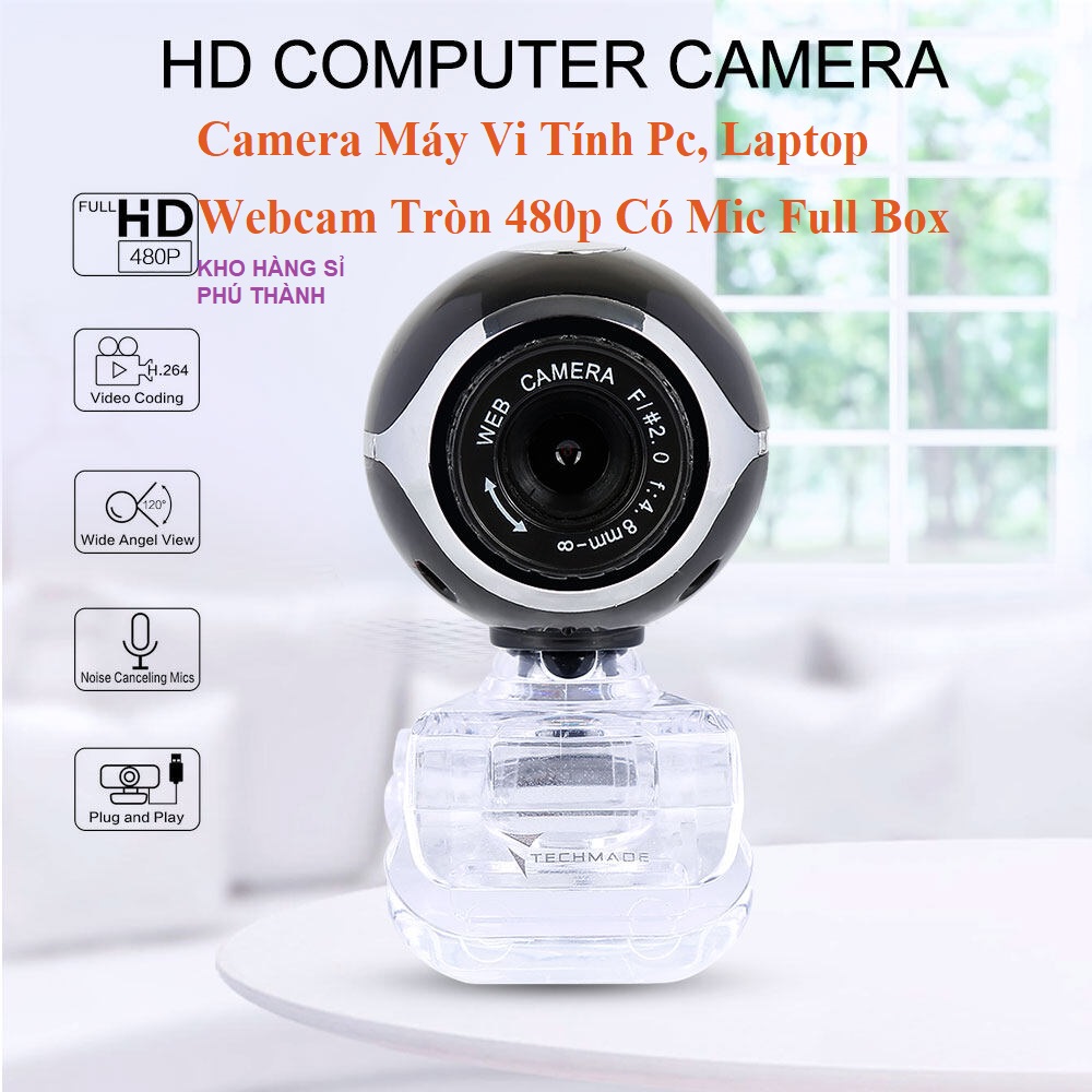 Camera máy vi tính pc, laptop- webcam tròn 480p có mic full box