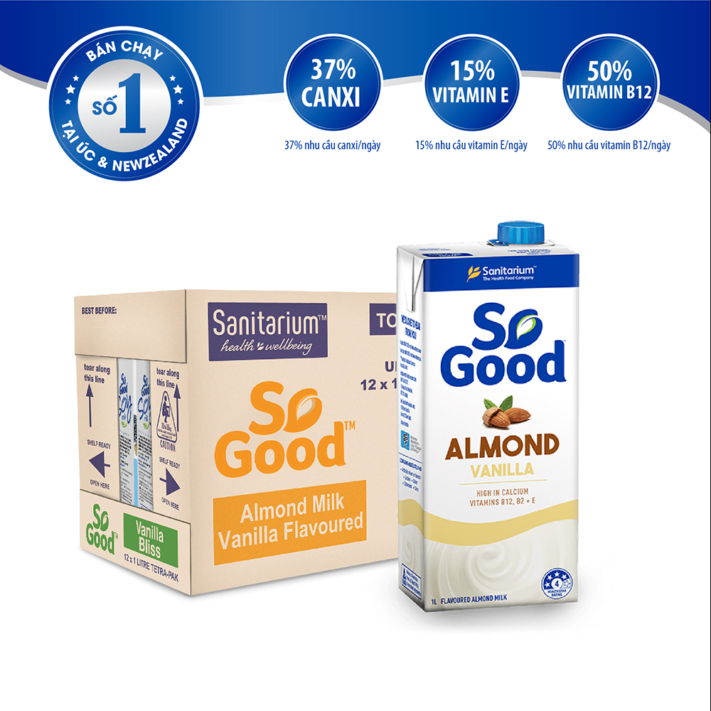 Thùng 12 hộp 1L sữa hạt hạnh nhân hương vani So Good, làm từ hạnh nhân Úc, calo thấp, ít ngọt HSD. 05/05/2022