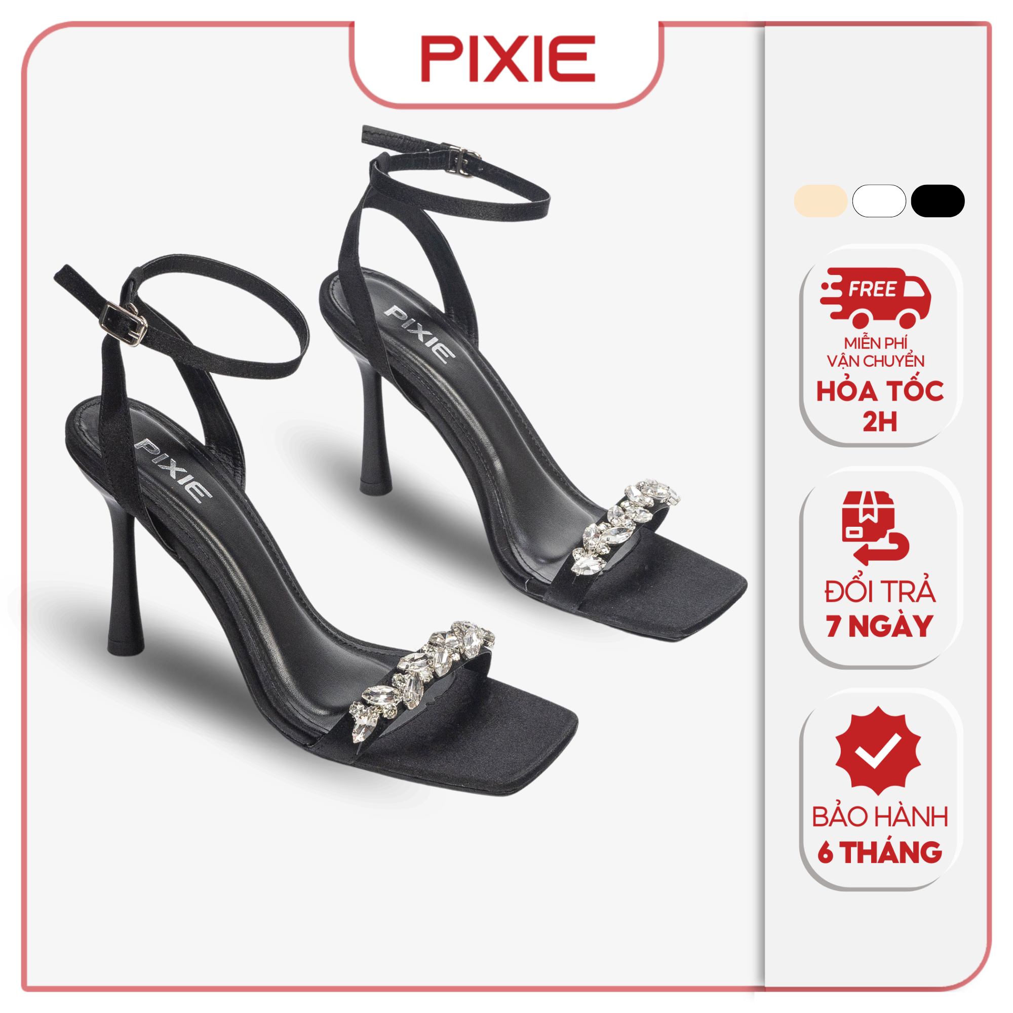 Giày Sandal Cao Gót Nữ 9cm Quai Đính Đá Pixie E156