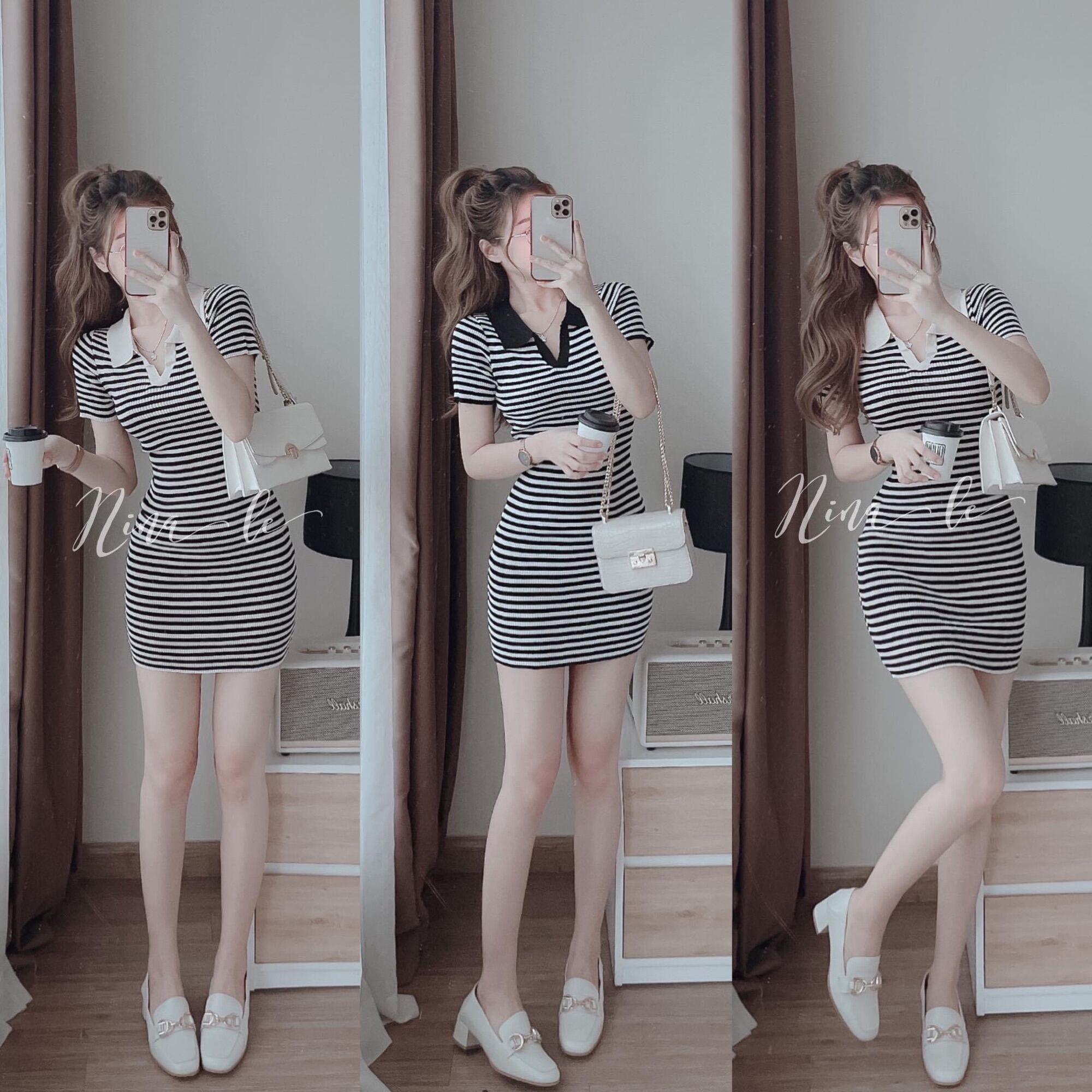 Đầm Gân Body Sọc Cổ Bẻ Xẻ V