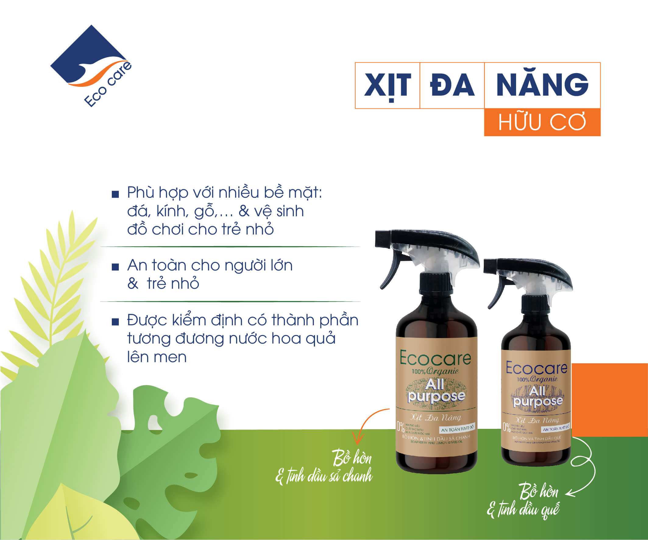 Xịt đa năng hữu cơ bồ hòn (Ecocare) | sả chanh, quế
