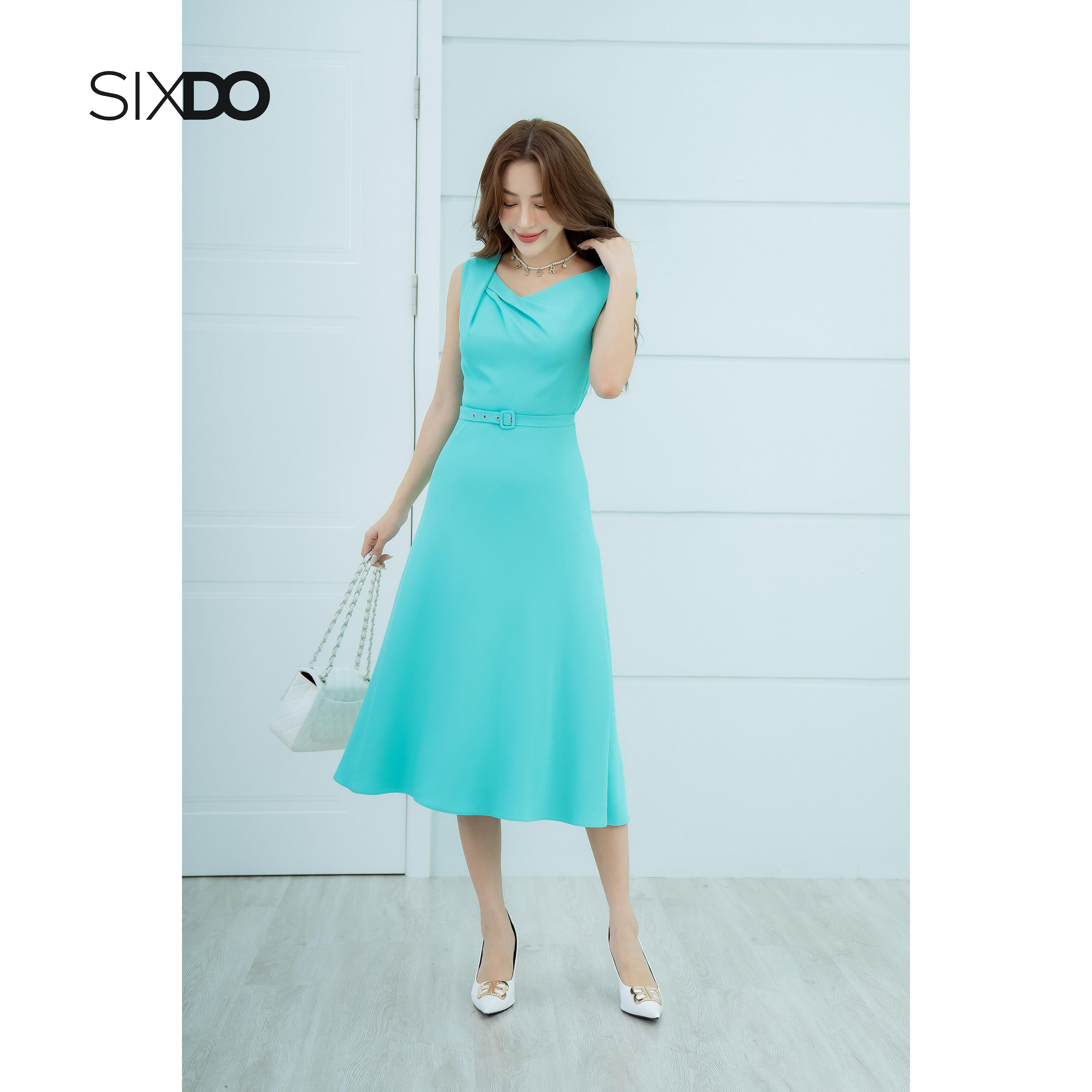 Váy lụa midi màu ngọc lam có thắt lưng thời trang SIXDO (Turquoise Midi Silk Dress With Belt)
