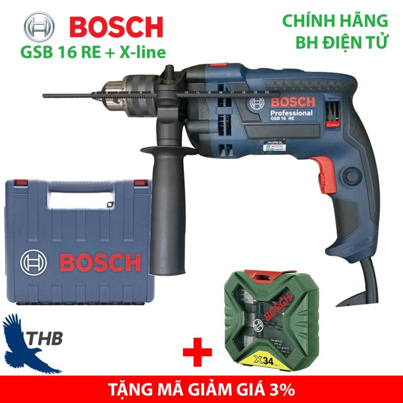 Máy khoan gia đình Máy khoan động lực Bosch GSB 16 RE tặng Xline 34 Xuất xứ Malaysia Bảo hành 12 tháng