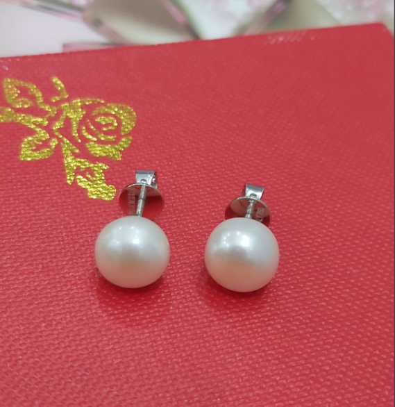 [HCM]Đôi bông ngọc trai thật 100% được gia công từ bạc nguyên chất mạ 1 lớp vàng bạch kim sang trọng ngọc 9 ly