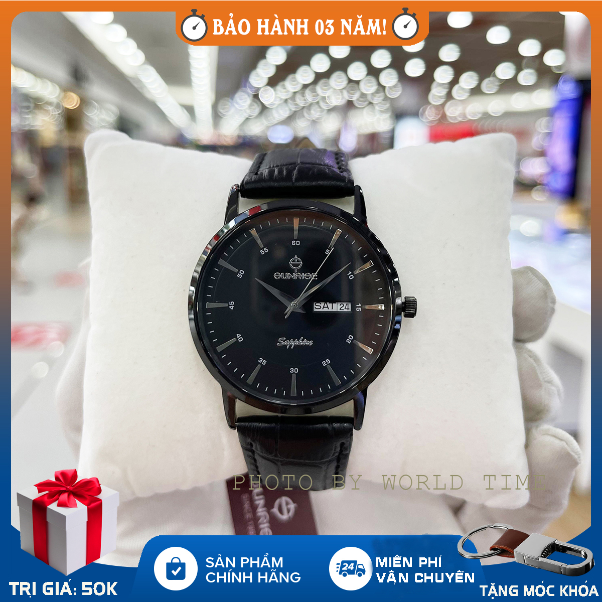 Đồng hồ nam Sunrise DM1216SWA W, full hộp, thẻ bảo hành 3 năm, kính Sapphire chống xước, chống nước, dây da