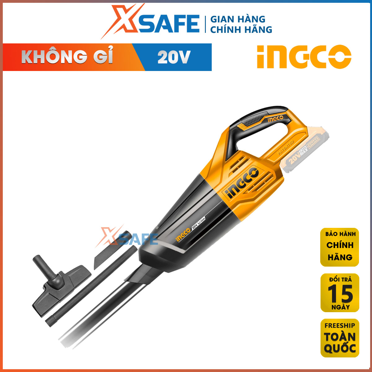 Vacuum cleaner battery 20V ingco CVLI2001 0,7l portable vacuum flask stainless steel container, included 1 ống soft, 1 floor brush, 2 ống plastic. No batteries included and distribution charger genuine xsafe