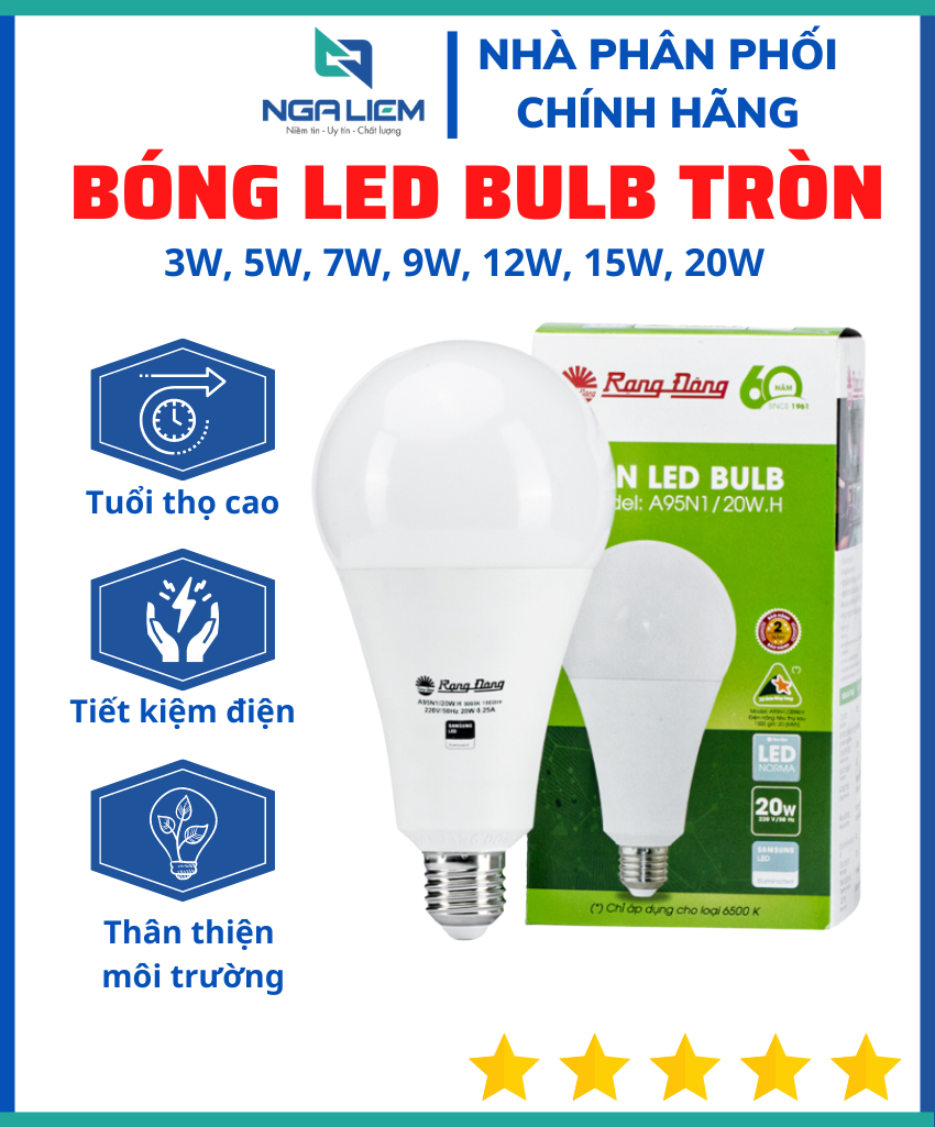 Bóng Đèn Led Rạng Đông 3W,5W,7W,9W,12W,15W,20W,30W, Led Bulb Tròn, Ánh Sáng Trắng, Tiết Kiệm Điện, Siêu Sáng, Đuôi E27