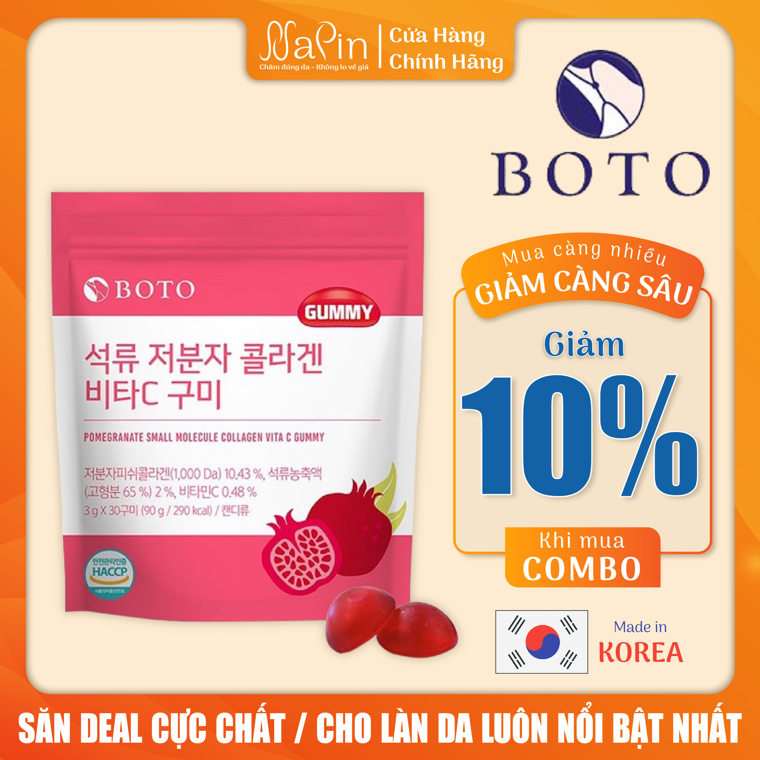 Kẹo dẻo bổ sung collagen Boto Gummy vị lựu tăng cường vitamin C hỗ trợ làm đẹp da, bồi bổ sức khỏe gói  30 Viên