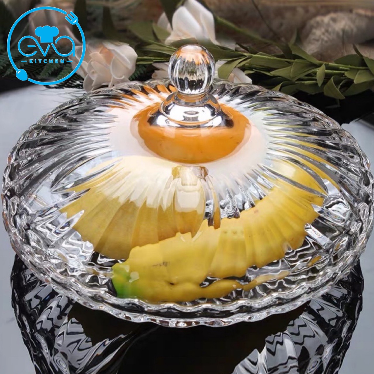 Khay đựng mứt thuỷ tinh pha lê chia ngăn hoạ tiết đuôi cong trắng cao cấp / thố mứt tết 510-9ct m3602
