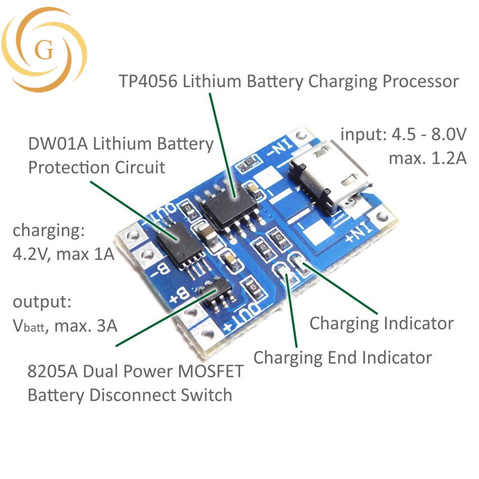 Mạch sạc pin 18650 lithium 3.7-4.2v tp4056 micro usb