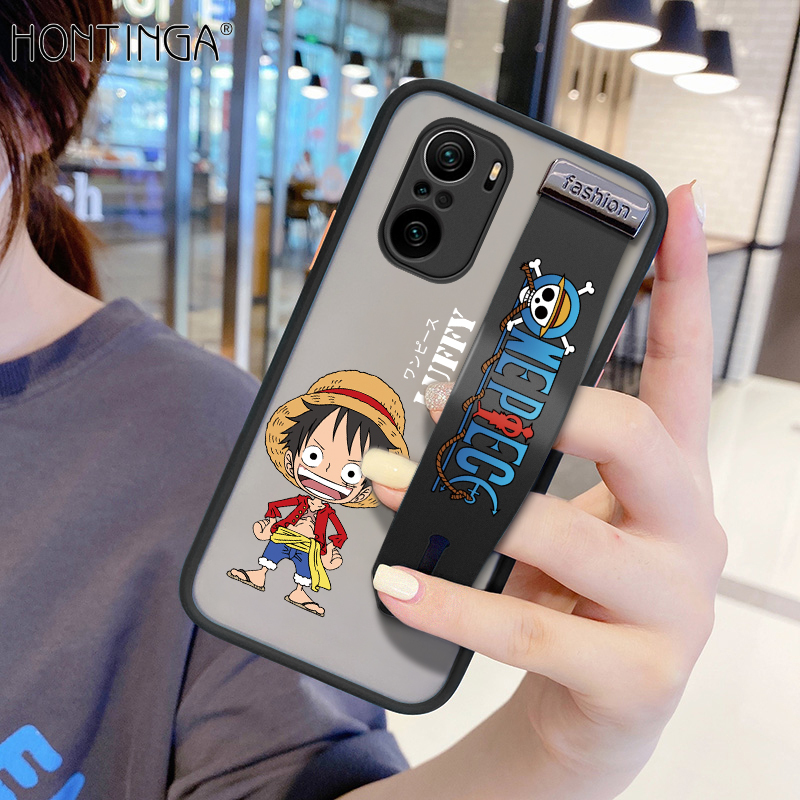 (With Wristband) Hontinga Casing Case For Xiaomi Poco F3 Redmi K40 K40 Pro Case Shockproof Frosted Cartoon Anime Case Luffy Transparent Phone Casing Full Back Cover Lens Camera Protector Cases Hard Case